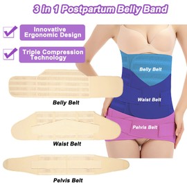 Postpartum Belly Band - 3 in 1 Postpartum Belly Support Recovery Wrap, Adjustable Postpartum Belly Wrap C-section Recovery, Breathable Waist Trainer for Belly/Waist/Pelvis Wrap Body Shaper (M) Nude, Nude, Medium
