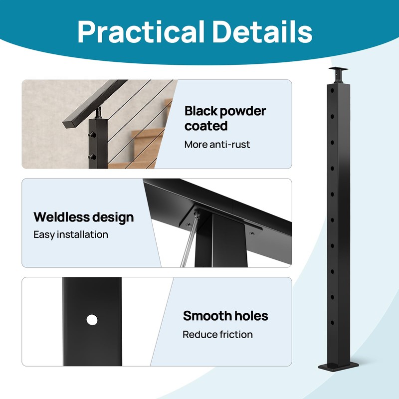 36" Stair Cable Railing Post Black Stainless Steel Square Stair
