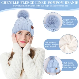 Womens Winter Beanie Hats Scarf Touchscreen Gloves Set Chenille Knit Fleece Lined Gifts for Women Cold Weather