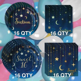 Havercamp Sweet 16 Birthday Party for 16 guests! Includes 16 ea. 9" Plates, 7" Plates, Luncheon Napkins and Beverage Napkins. Navy & Gold Starry Night Design. Metallic Foil Printing