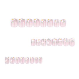 White Flower Press on Nails Short Square False Nails with Green Leaf Designs Nude Fake Nails Spring Glue On Nails Summer Full Cover Stick on Nails for Women Girls Manicure 24Pcs
