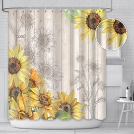 AIBIIN 180x180cm Summer Sunflower Shower Curtain Floral Barn Decorative Bath Curtain Rustic Farmhouse Country Wooden Plank Bathroom Curtain with 12 Hooks