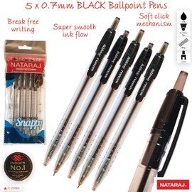 NATARAJ Snappy Ballpoint Pens, Retractable, BLACK, 0.7mm Fine Point, Pack of 5, Smooth Writing, Perfect School Office Home Use, ZOFAX Black Ball Pen