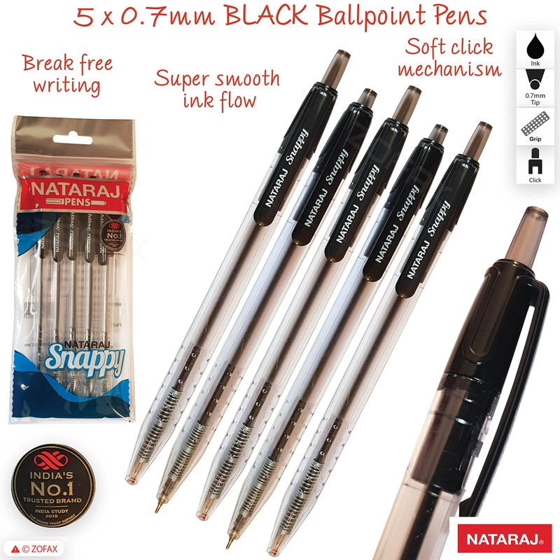 NATARAJ Snappy Ballpoint Pens, Retractable, BLACK, 0.7mm Fine Point, Pack