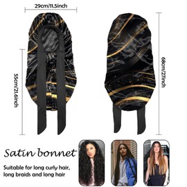 BHAHB Silk Feeling Long Satin Bonnet for Sleeping Adjustable Double Layer Elastic Reusable Long Hair Caps Cute Women Girls-Black Marble