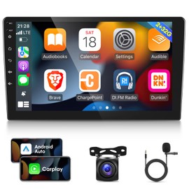 [2G+32G] 10.1 inch Android 11 Double Din Car Stereo with Wireless/Wired CarPlay and Android Auto, Touch Screen Android Radio with Mirror Link/1080P/EQ/WiFi/SWC/Bluetooth +AHD Backup Camera+MIC