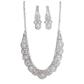 Fashion Jewelry ~ Clear Rhinestones and Faux Pearls Wedding Necklace and Earrings Set for Women Formal or Casual