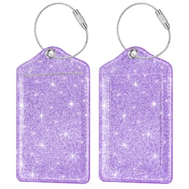 (Set of 2) Luggage Tag Leather Privacy Cover ID Label Address Card with Stainless Steel Loop, Travel Bag Tags Suitcase Labels,Gold Purple
