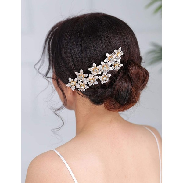Denifery Gold Wedding Comb Clip Rhinestone Bridal Comb Handmade Flower Clip Wedding Hair Accessory for Brides