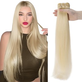 Elailite 22 Inch Blonde Human Hair Bundles Extensions Weft Weave Real Hair Straight 100g - #60 Platinum Blonde