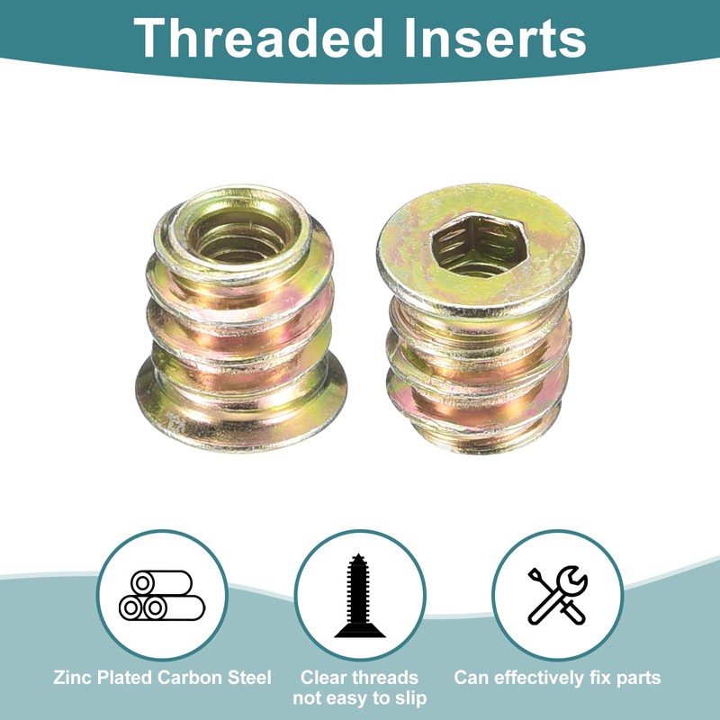 sourcing map 60Pcs Threaded Inserts, M4-0.7x10 Zinc Plated Carbon Steel