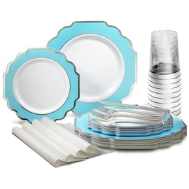 OCCASIONS 320 Piece set (40 Guests)-Heavyweight Wedding Party Disposable Plastic Plate Set -40 x 10.5'' + 40 x 8''+Silverware+Cups+Napkins (Imperial Turquoise Blue/Green & Silver)