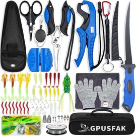 GPUSFAK Fishing Tool Kit, 50 Pieces Fishing Gear, Fishing Pliers with Lanyard, Fillet Knife, Fish Lip Gripper, Fly Ice Fishing Hook Extractor, Anti-Cutting Gloves, Fishing Lures Baits Accessories