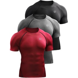 NELEUS Men's 3 Pack Compression Baselayer Athletic Workout T Shirts,5022,Black,Grey,Red,US M,EU L