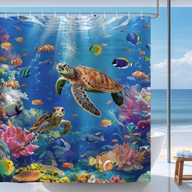 Bonhause Shower Curtain Underwater World Blue Ocean Tropical Fish Shower Curtains 180 x 180 cm Anti-Mould Waterproof Polyester Fabric Washable Bathroom Curtain for Bathroom with 12 Hooks