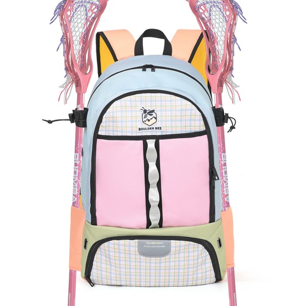 BOULDER BEE | Lacrosse Backpack | Lacrosse Bags with Stick Holders | Field Hockey Bag | Lacrosse Gift for Women (Blue and Yellow, 10.6"x 14.5"x 22.4")