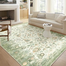 Castage 5x7 Area Rugs,Green Washable Rug for Living Room Bedroom Kitchen Dining Room,Large Boho Vintage Bohemian Distressed Oriental Carpet Non Slip