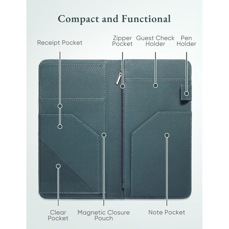 Green Server Book with Zipper Pocket and Magnetic Closure Server