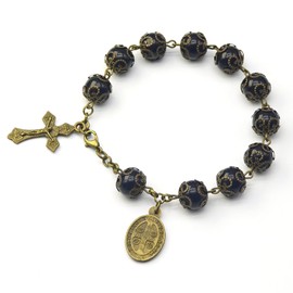 Tabai San Benito Bracelet Medalla and Crucifix Charm with Black Beads Rosary Bracelet Catholic Saint Benedict Medal Bronze Bracelets
