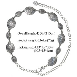 YSGUYILT Western Chain Belts for Women Cowgirl Metal Concho Waist Chains Silver Belt Chain Adjustable Body Chain Belt (Silver B)