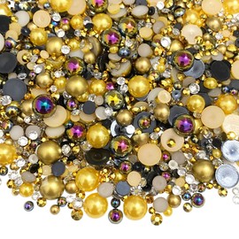 50g Mix Flatback Resin Rhinestones Half Round Pearls Mixed Size 3mm-10mm AB Color Half Pearls Resin Rhinestones for DIY Craft Nail Art Shoes Clothes Tumblers Scrapbooking (Gold Series)