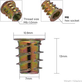 YoiYee M6 x 13mm Wood Insert Hex Socket Nuts - Threaded Flanged Hex Socket Nut Insert for Wood Furniture, DIY Projects - 25 Pack