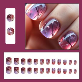 Ceboic French Tip Press on Nails Square Short False Nails Purple Glitter Glossy Fake Nails Acrylic Full Cover Glue on Nails Artificial Natural Stick on Nails for Women and Girls Nail Art Decorations