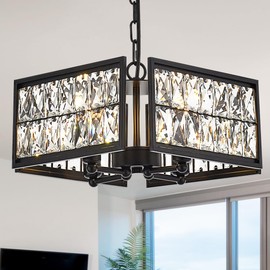 Salaiwei 12” 4-Light Modern Crystal Chandeliers Black Dinning Room Light Fixture, Square Pendant Light Kitchen Island Chandelier, Flush Mount Ceiling Light for Living Room Entryway Bedroom Foyer
