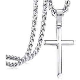Adramata Cross Chain, Men/Women’s 925 Silver Cross Pendant Necklace, Stainless Steel Chain Cross Necklace, Silver Curb Chain, Men's Silver Chain Cross Necklace, stainless steel