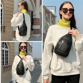 Travistar Crossbody Sling Bag for Women Men Wide Strap Cross Body Purse Leather Casual Daypack Chest Backpack with Back Strap Large Fanny Pack Anti Theft Belt Sash Bag for Travel Hiking Cycling Black