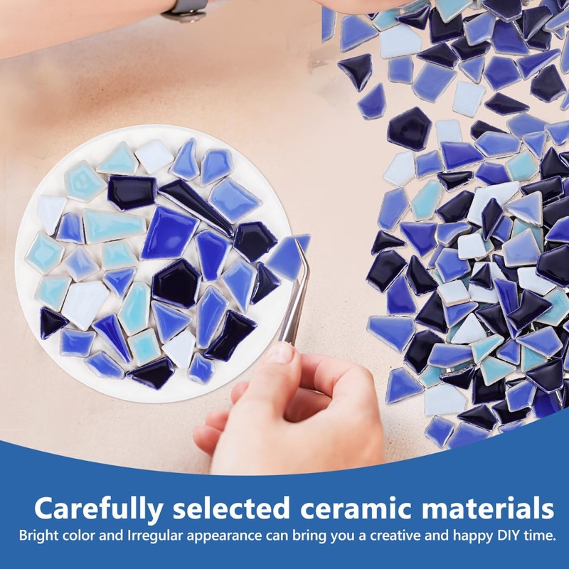 Tofficu DIY Mosaic Ceramic Tiles Irregular Shape Blue Mix 200G