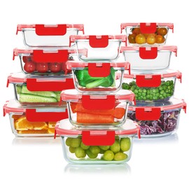 KOMUEE 24 Pieces Glass Food Storage Containers Set,Glass Meal Prep Containers -Stackable Airtight Glass Storage Containers with lids, Freezer to Oven Safe,Red