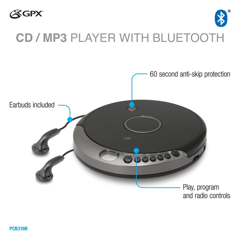 GPX PCB319B Portable Cd Player with Bluetooth, Includes Stereo Earbuds,