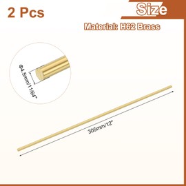 sourcing map 2 Pcs 11/64"(4.5mm) Dia Brass Solid Round Rod, 12"(305mm) Length H62 Brass Lathe Bar Stock Round Brass Rod for DIY Crafts Industry Construction