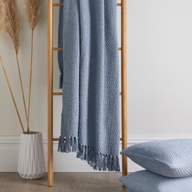 Drift Home - Blue Throw with Tassel (180 x 130cm) - Sustainable Recycled Cotton - Woven Blanket in Blue - Basket Weaved - Textured Sofa Throw Blanket Blue - Blue Blanket/Bed Throw Large
