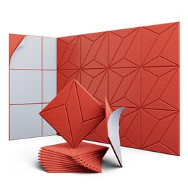 UNECHO 12 Pack 12" X 12" X 0.4" Acoustic Panels for Wall Sound Absorbing, P-Stripes Square Self-Adhesive Sound Panel, High Density Suitable for Multiple Scenarios(Cherry Red)