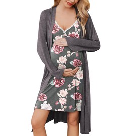 Ekouaer Nursing Nightgown Maternity Robe Set Delivery Gown Postpartum Pajamas Pregnancy Clothes Grey Flower Small