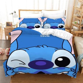 DELLIOP 3-Piece Bedding Set Stitch Birthday Decoration with Zip, Pattern Duvet Cover Set Lilo and Stitch Friends with 2 Pillowcases 50 x 75 cm, Children's Bed Linen Set, Blue, 90 x 190 cm