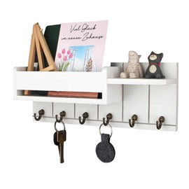 TPTGIAR Wooden Key Rack with Shelf, Includes Letter Holder and 6 Hooks, Decorative Key Board for Living Room, Kitchen, Office, Hallway, Bedroom (White)