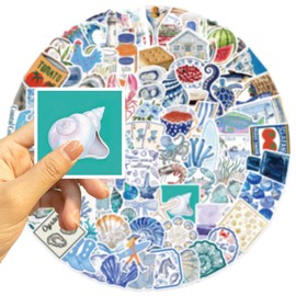 Blue Coastal Stickers 100 Pack - Beachy Summer Ocean Theme Waterproof Vinyl Decals for Girls Teens, Water Bottles, Laptops, Luggage, Skateboards