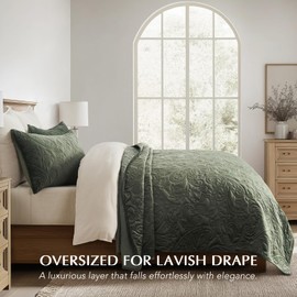 EVERGRACE Luxury Pearl Velvet Quilt Set Queen Size 3 Pieces, Soft Paisley-Stitch Velvet Comforter Set with Pillow Shams, Lightweight Bedspread Coverlet Bedding Set, Olive Green
