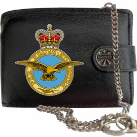 Klassek RAF Badge Image Men Chain Wallet Real Leather Cap Badge Emblem Military Crest Insignia RFID Blocking with Coin Pocket and Metal Gift Box