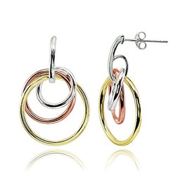 Tri-Color Sterling Silver Polished Intertwined Triple Hoop Stud Earrings