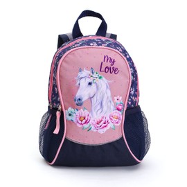Ragusa-Trade Horse Fan Backpack Children's Backpack for Boys and Girls with Large Compartments and Drinks Net, Blue/Pink (81863)