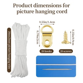 20M x 2MM Picture Hanging Cord, White Nylon Picture Wire Heavy Duty for Frames & Mirrors, with 20 Hooks and 20 Screws