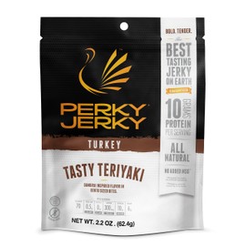 Perky Jerky Tasty Teriyaki Turkey Jerky, 2.2oz bag - Low Sodium - 10g Protein per Serving - Low Fat - 100% U.S. Sourced - Tender Texture