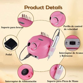 Torno Eléctrico para Uñas,Torno para uñas Profesional ,Velocidad Ajustable Máquina de Lima Uñas,Taladro para Uñas con kit de brocas Herramienta De Manicura Pulidora Eléctrica Para Acrílicos,Geles, Uñas Naturales,Rosa
