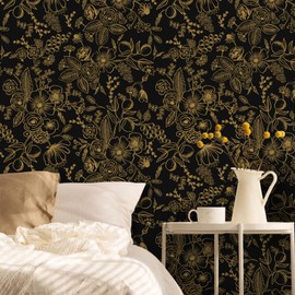 Ismoon Peel and Stick Wallpaper Black and Gold Wallpaper Floral Contact Paper Vintage Peel and Stick Wallpaper Leaf Removable Wallpaper Self-Adhesive for Cabinet Shelf Drawer Liner 16.1inx197in