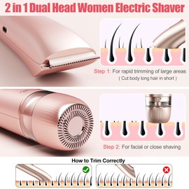 Bikini Trimmer for Women 2 in 1, Dual Head Womens Electric Shaver, Electric Razors for Pubic Hair, IPX7 Waterproof Rechargeable Facial Hair Removal for Shaving Underarm Leg Arm Body Face, Rose Gold