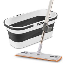 Superio Fold N' Go 10L Collapsible Mop Bucket with Wheels & Self-Wringing Microfiber Flat Mop - Portable, Hands-Free Cleaning Set for Home, Car, Kitchen, Bathroom, Hardwood & Tile Floors